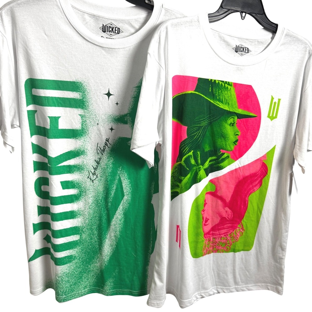 NEW! Lot of 2 Wicked Movie T-Shirt Elphaba Glinda Graphic Tees White Large NWT